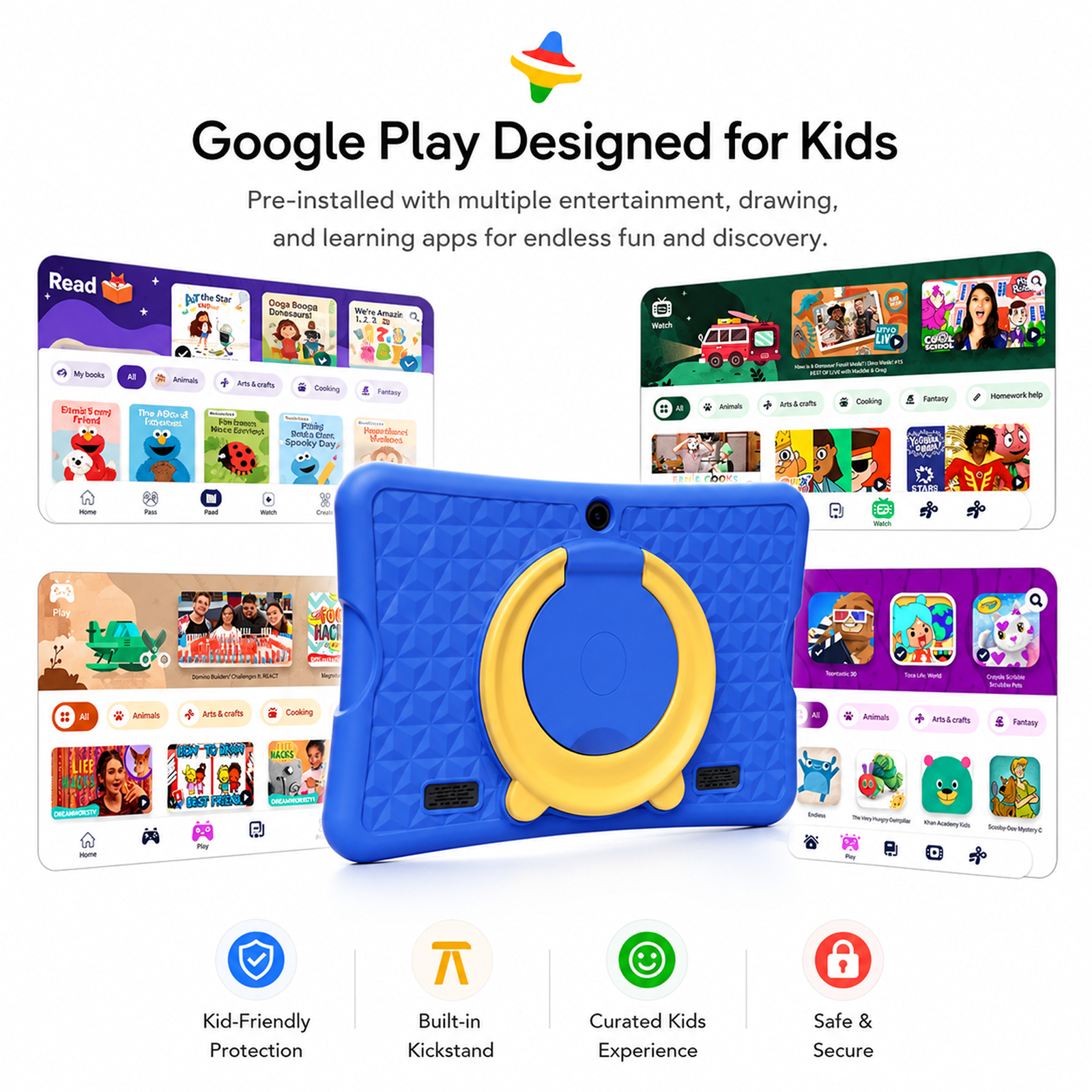 2026 Android 15 Kids Tablets with Pen,Google Kids Space,6GB RAM + 64GB ROM,10.1 inch Educational Tablets fot Toddler,Kid-Proof Case,Blue