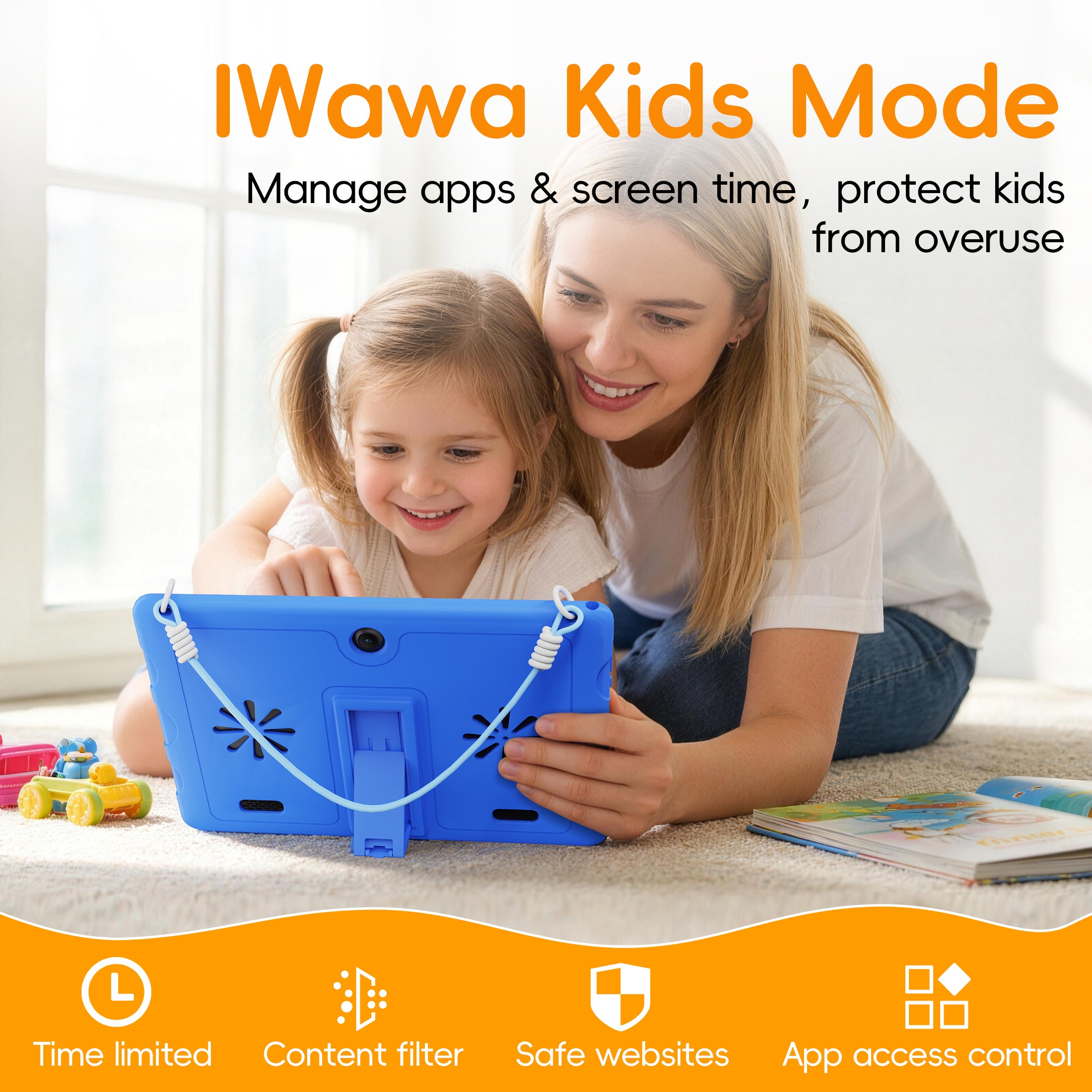 10.1" Android 15 Kids Tablet with case, 6GB+64GB Tablet with Carry Strap for kids, Parent Control, Child Education Tablet for Toddler