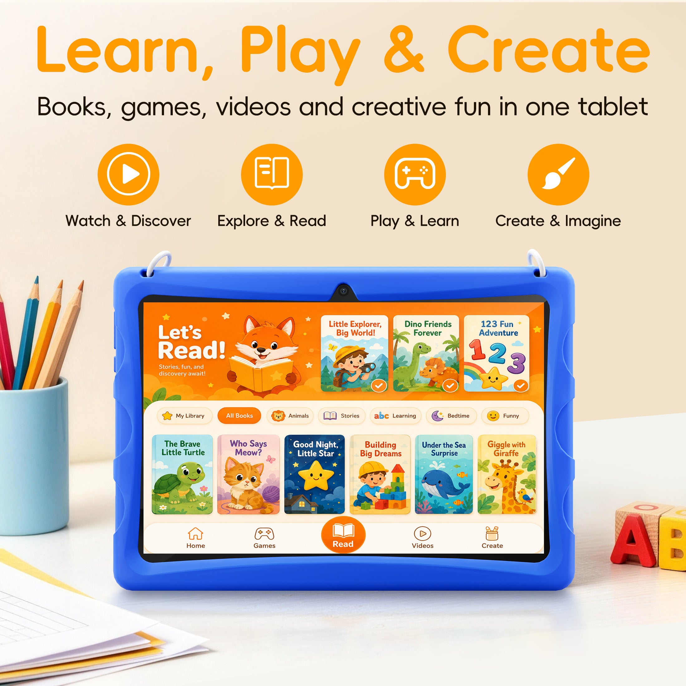 10.1" Android 15 Kids Tablet with case, 6GB+64GB Tablet with Carry Strap for kids, Parent Control, Child Education Tablet for Toddler