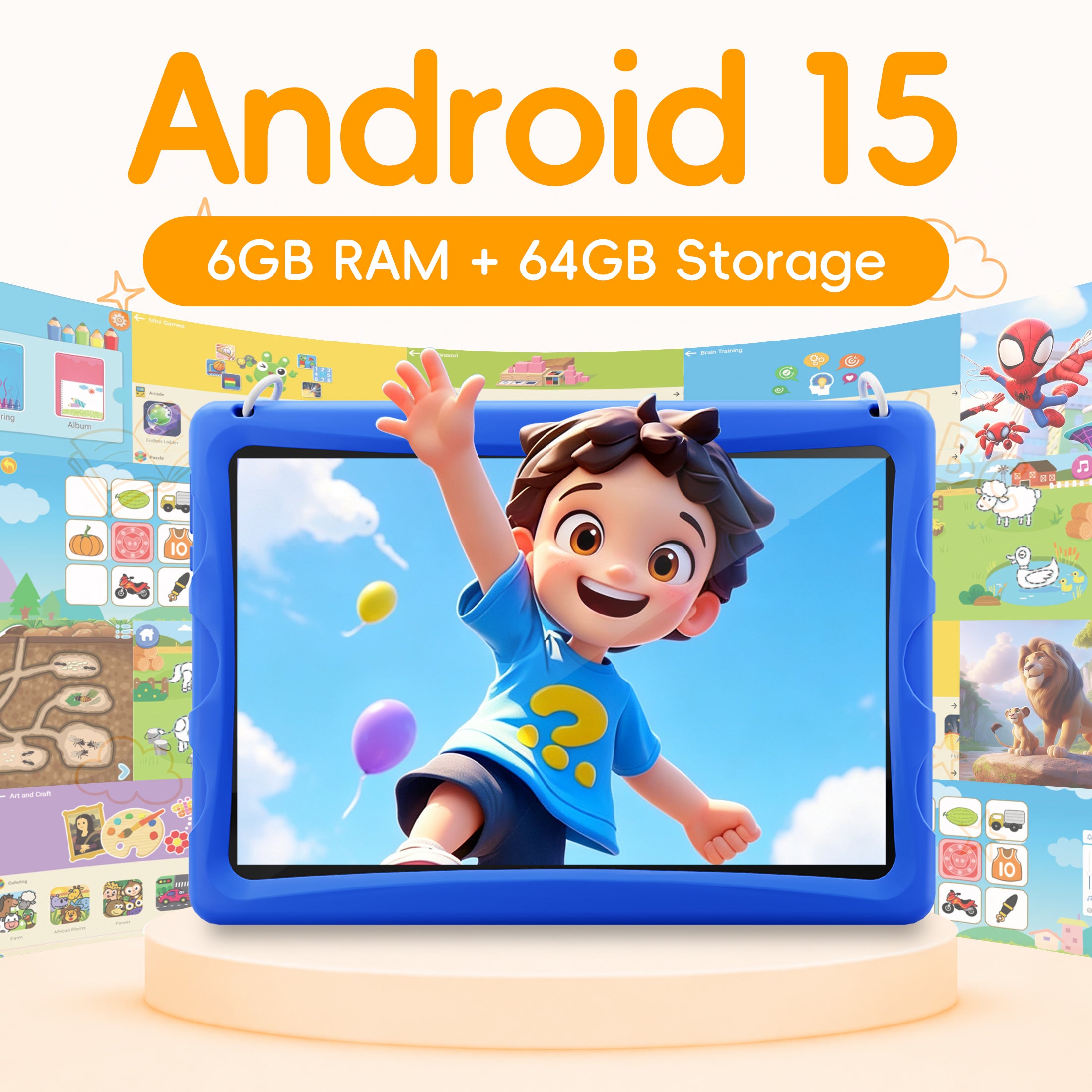 10.1" Android 15 Kids Tablet with case, 6GB+64GB Tablet with Carry Strap for kids, Parent Control, Child Education Tablet for Toddler