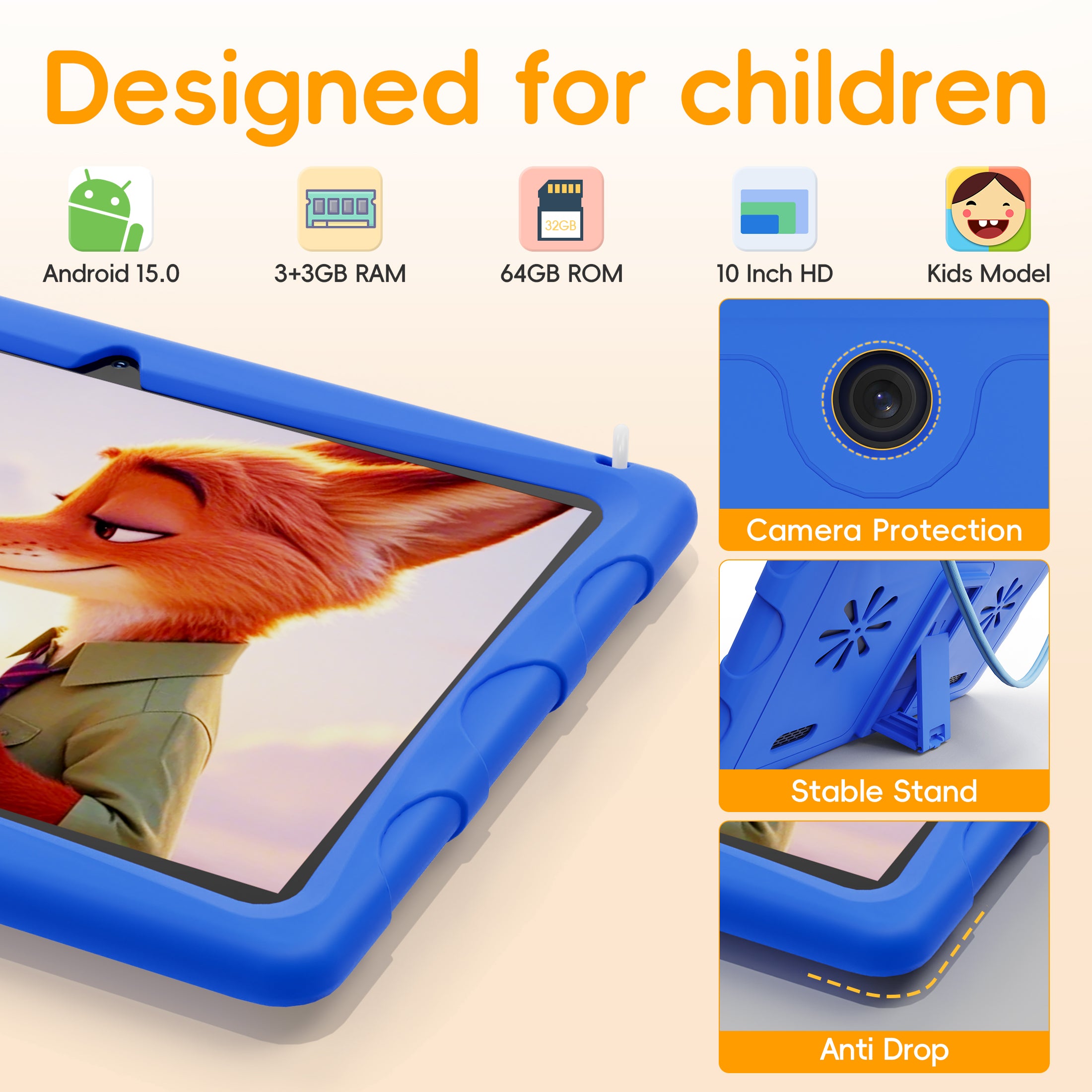 10.1" Android 15 Kids Tablet with case, 6GB+64GB Tablet with Carry Strap for kids, Parent Control, Child Education Tablet for Toddler