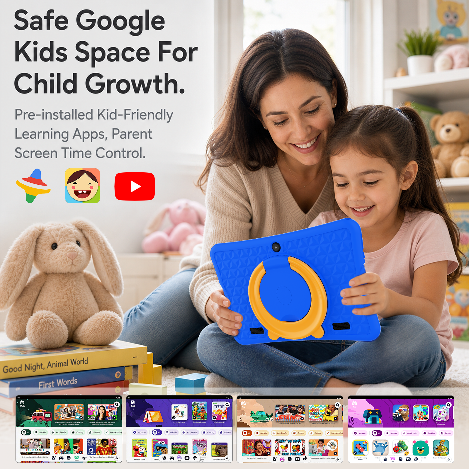 2026 Android 15 Kids Tablets with Pen,Google Kids Space,6GB RAM + 64GB ROM,10.1 inch Educational Tablets fot Toddler,Kid-Proof Case,Blue