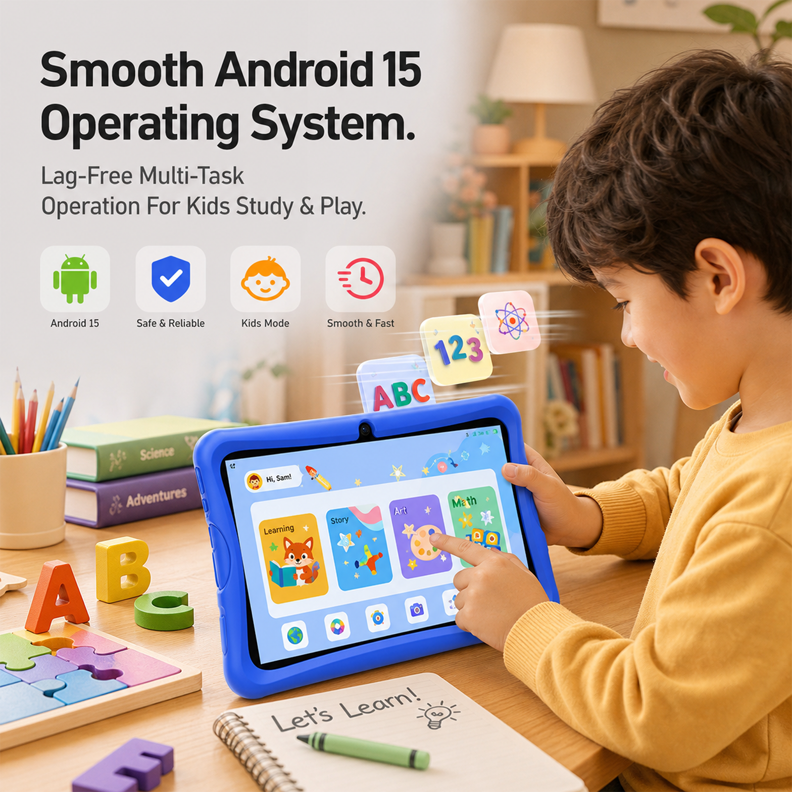 2026 Android 15 Kids Tablets with Pen,Google Kids Space,6GB RAM + 64GB ROM,10.1 inch Educational Tablets fot Toddler,Kid-Proof Case,Blue