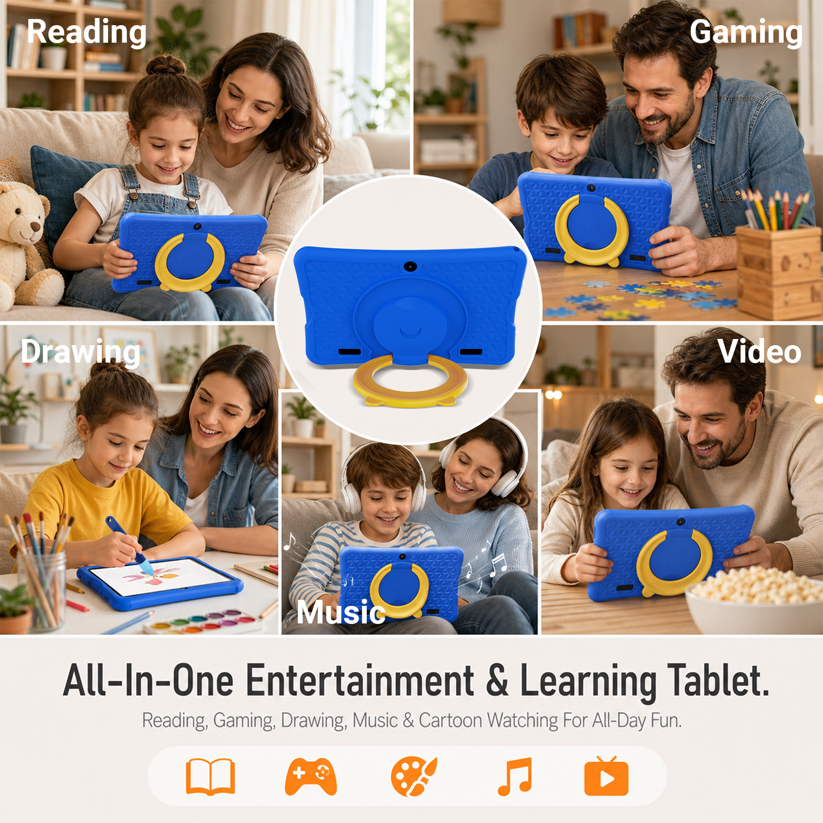 2026 Android 15 Kids Tablets with Pen,Google Kids Space,6GB RAM + 64GB ROM,10.1 inch Educational Tablets fot Toddler,Kid-Proof Case,Blue