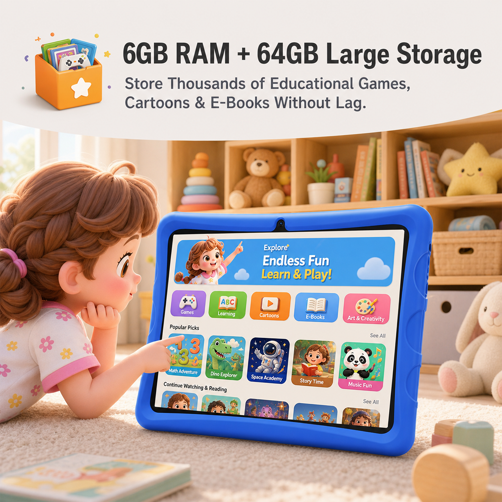 2026 Android 15 Kids Tablets with Pen,Google Kids Space,6GB RAM + 64GB ROM,10.1 inch Educational Tablets fot Toddler,Kid-Proof Case,Blue
