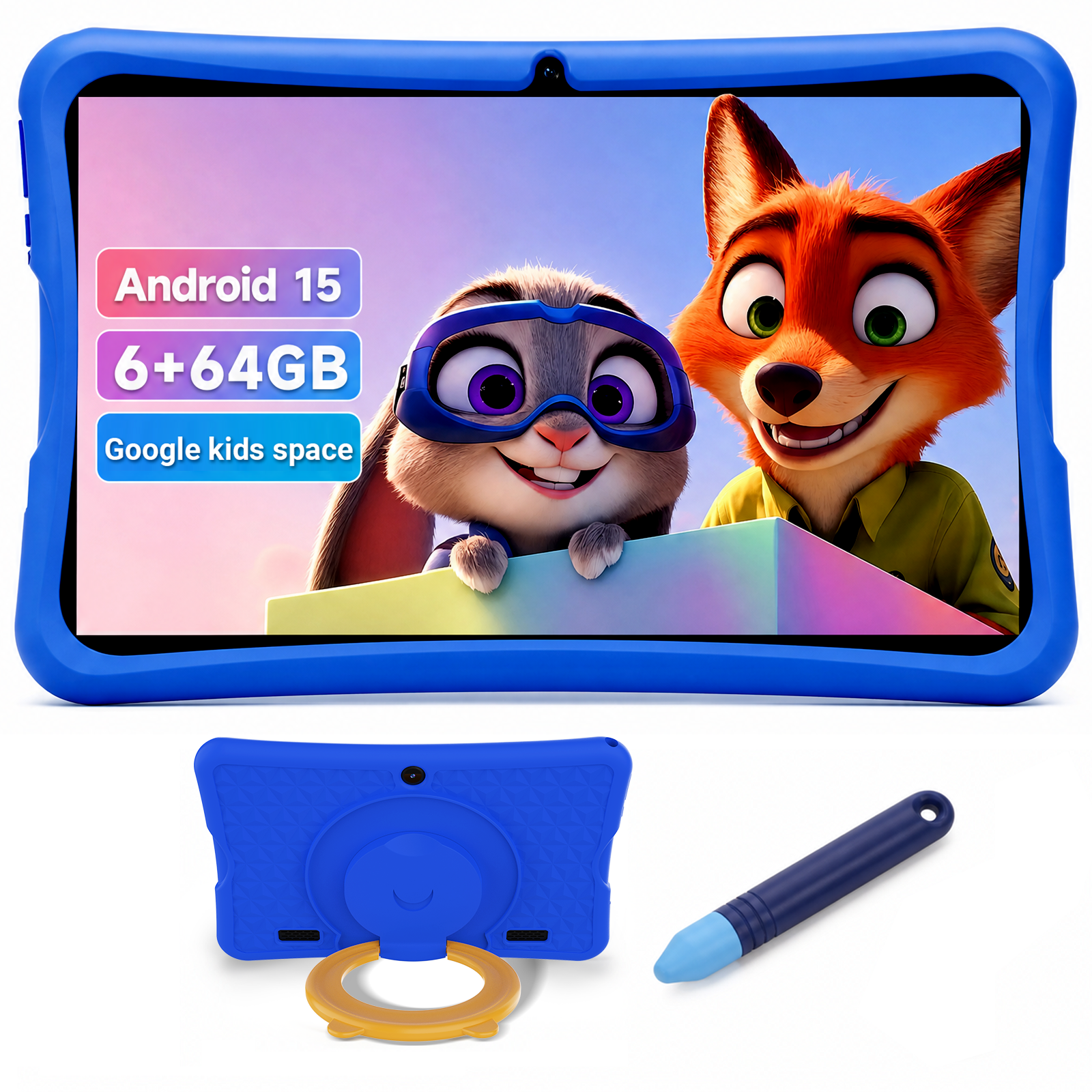 2026 Android 15 Kids Tablets with Pen,Google Kids Space,6GB RAM + 64GB ROM,10.1 inch Educational Tablets fot Toddler,Kid-Proof Case,Blue