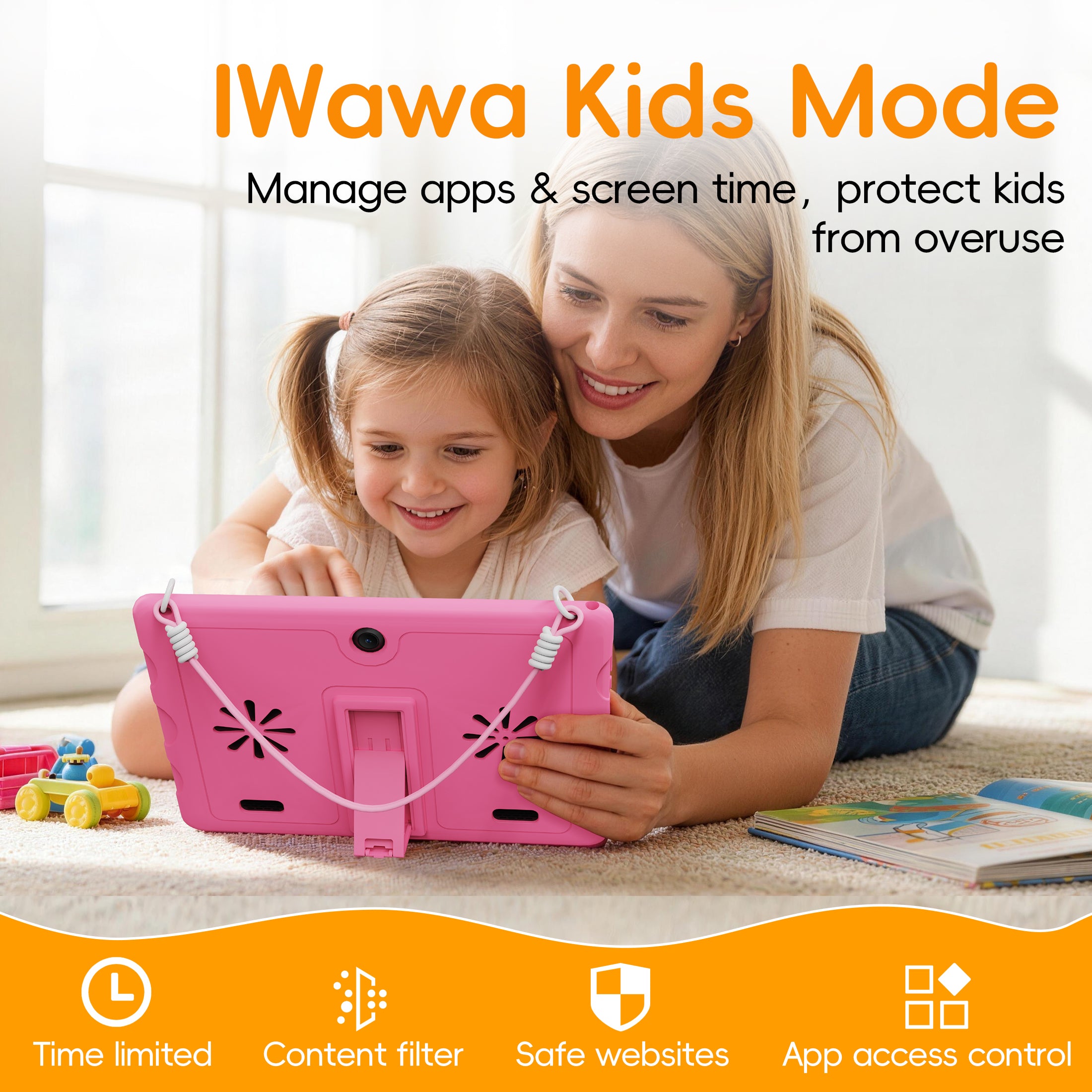 10.1" Android 15 Kids Tablet with case, 6GB+64GB Tablet with Carry Strap for kids, Parent Control, Child Education Tablet for Toddler