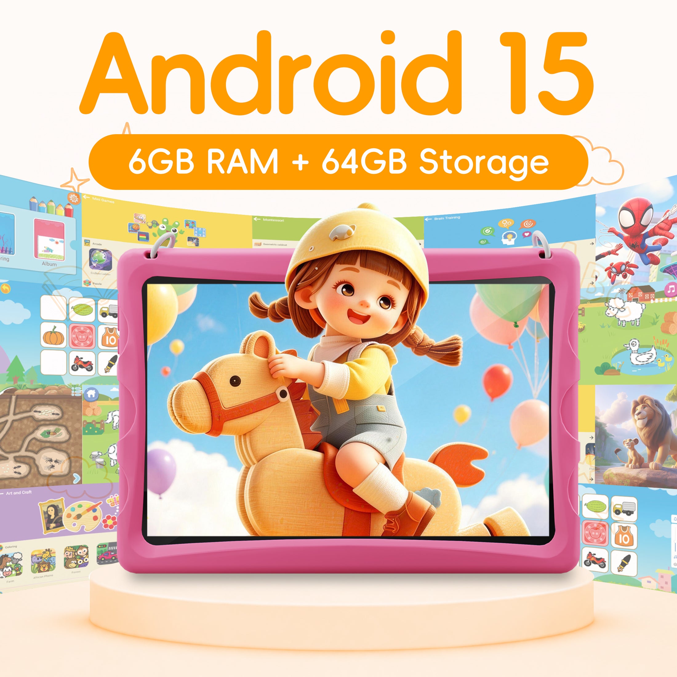 10.1" Android 15 Kids Tablet with case, 6GB+64GB Tablet with Carry Strap for kids, Parent Control, Child Education Tablet for Toddler