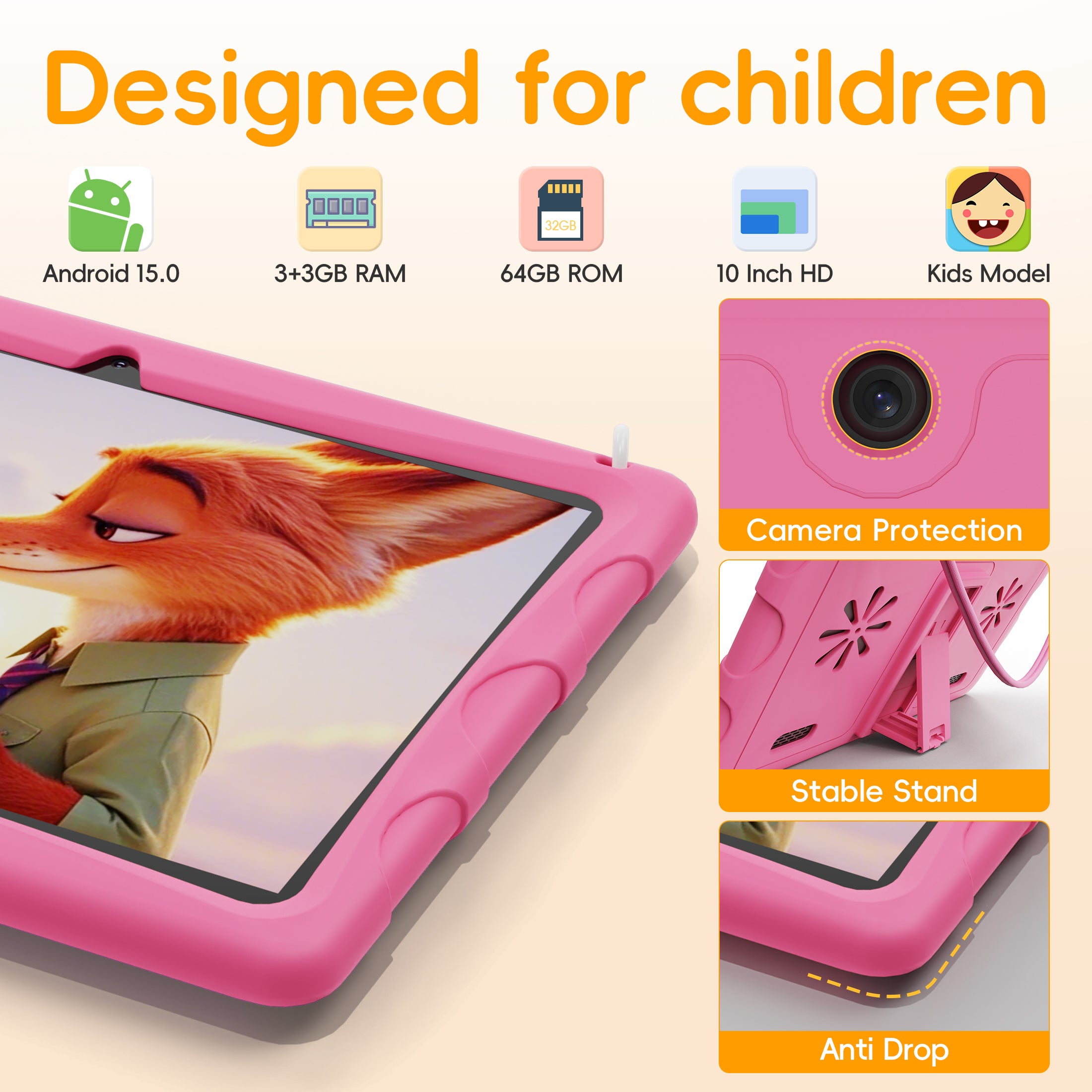 10.1" Android 15 Kids Tablet with case, 6GB+64GB Tablet with Carry Strap for kids, Parent Control, Child Education Tablet for Toddler