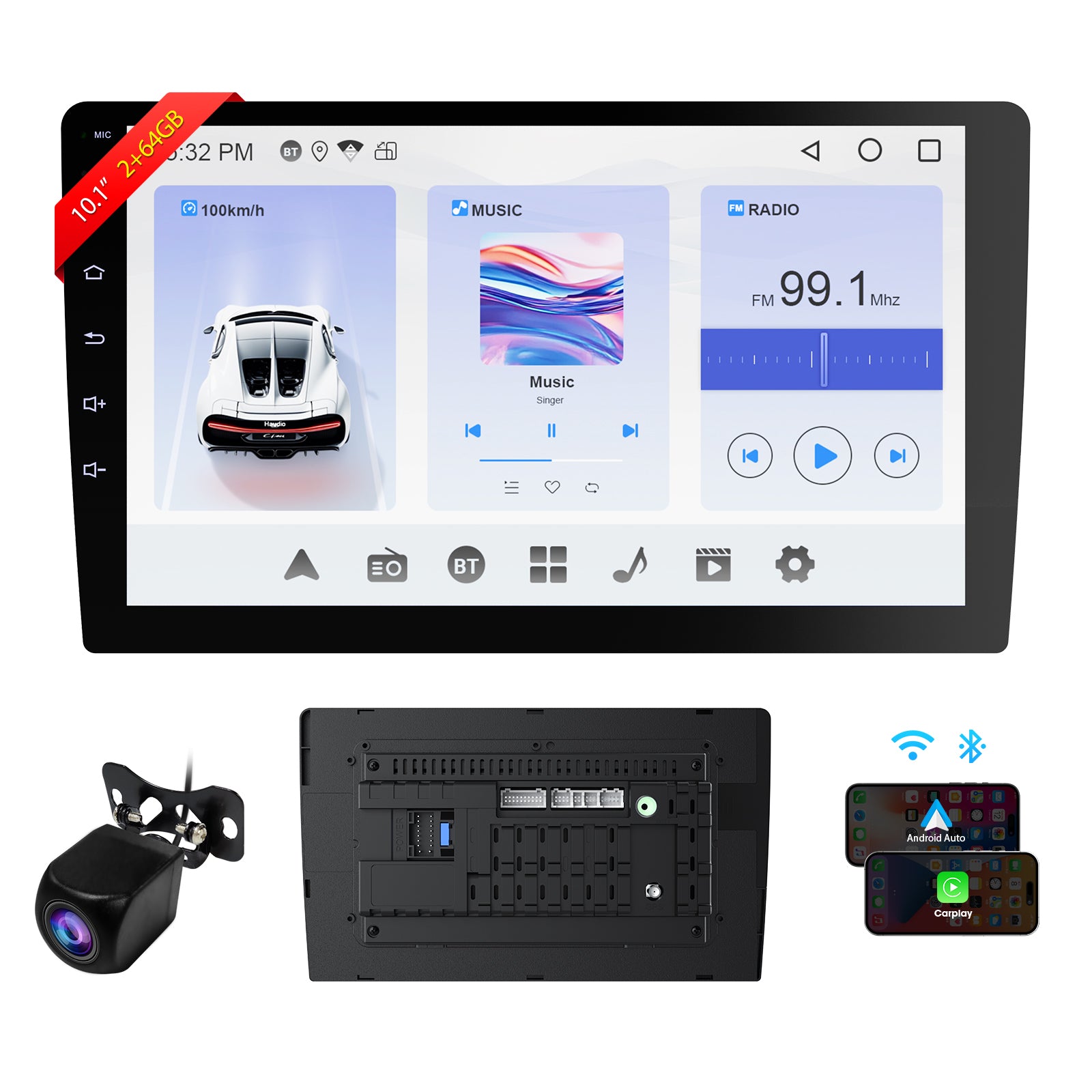 Radio Huadio CVD1661-AJ de 10,1" con doble DIN para la mayoría de vehículos