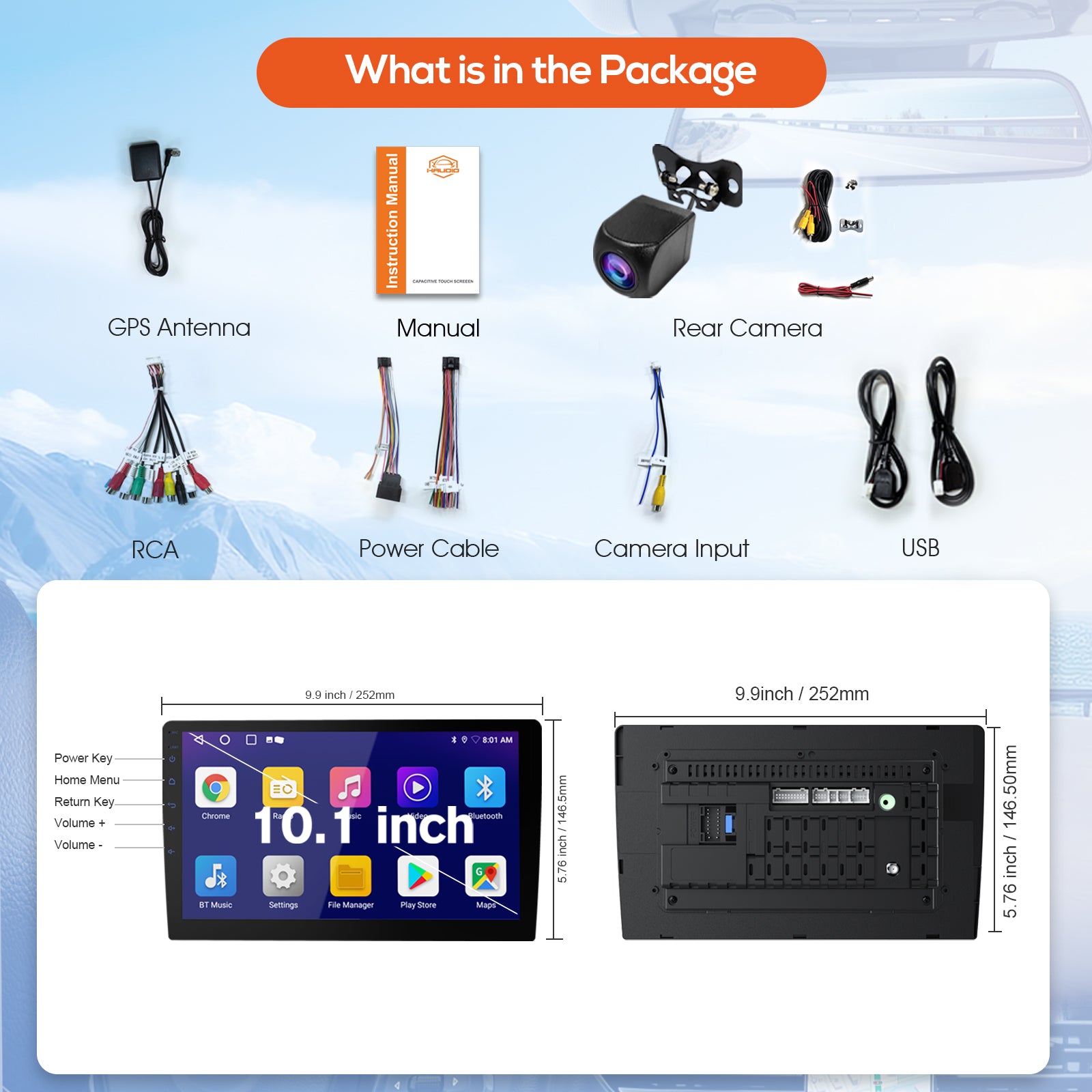 Radio Huadio CVD1661-AJ de 10,1" con doble DIN para la mayoría de vehículos