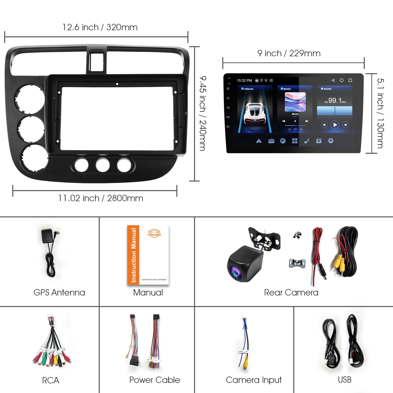 Radio Huadio CVD9661-AJ de 9" con doble DIN para la mayoría de vehículos