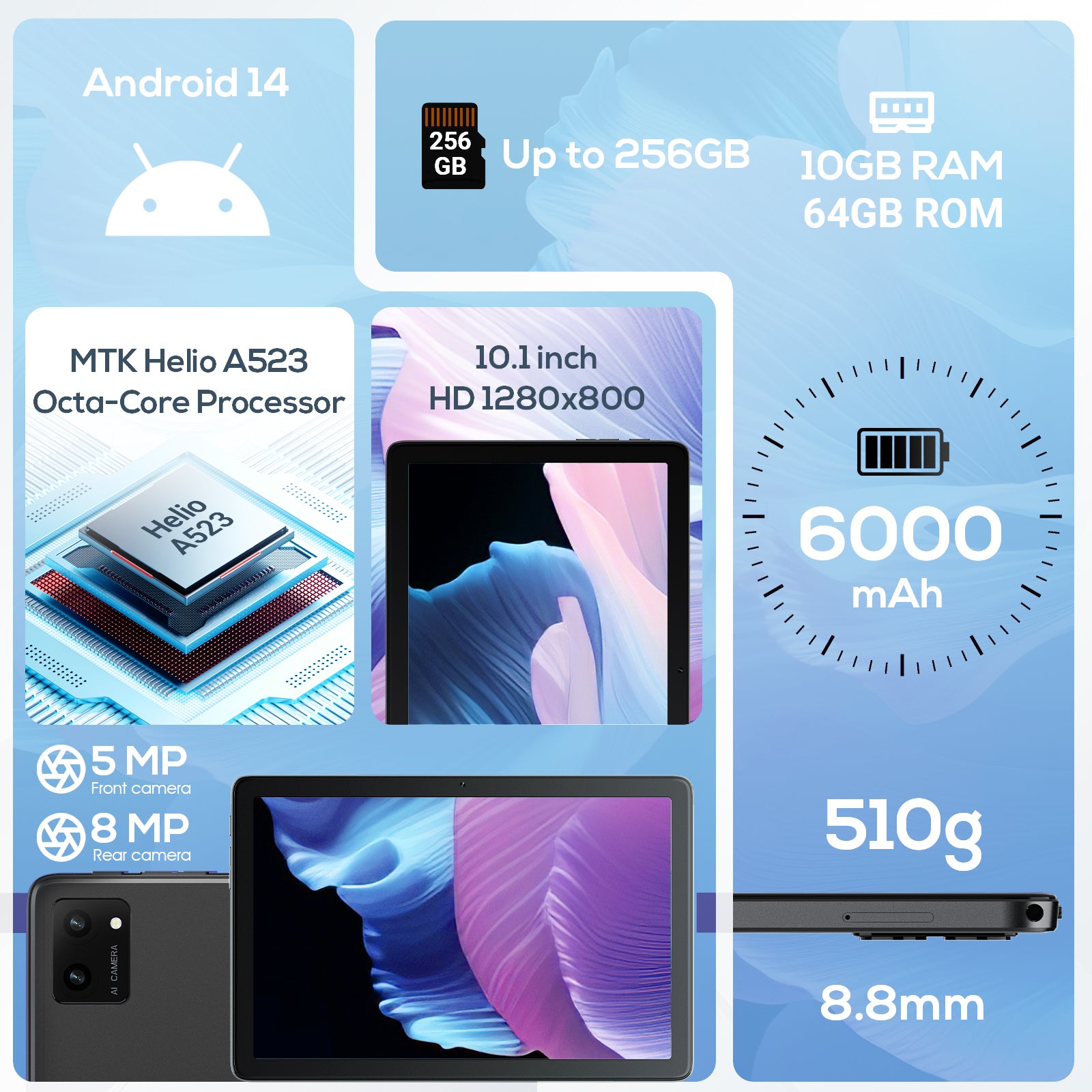 Tableta Digiland Android 14 de 10.1 pulgadas - 10 GB de RAM (64 GB + 256 GB)