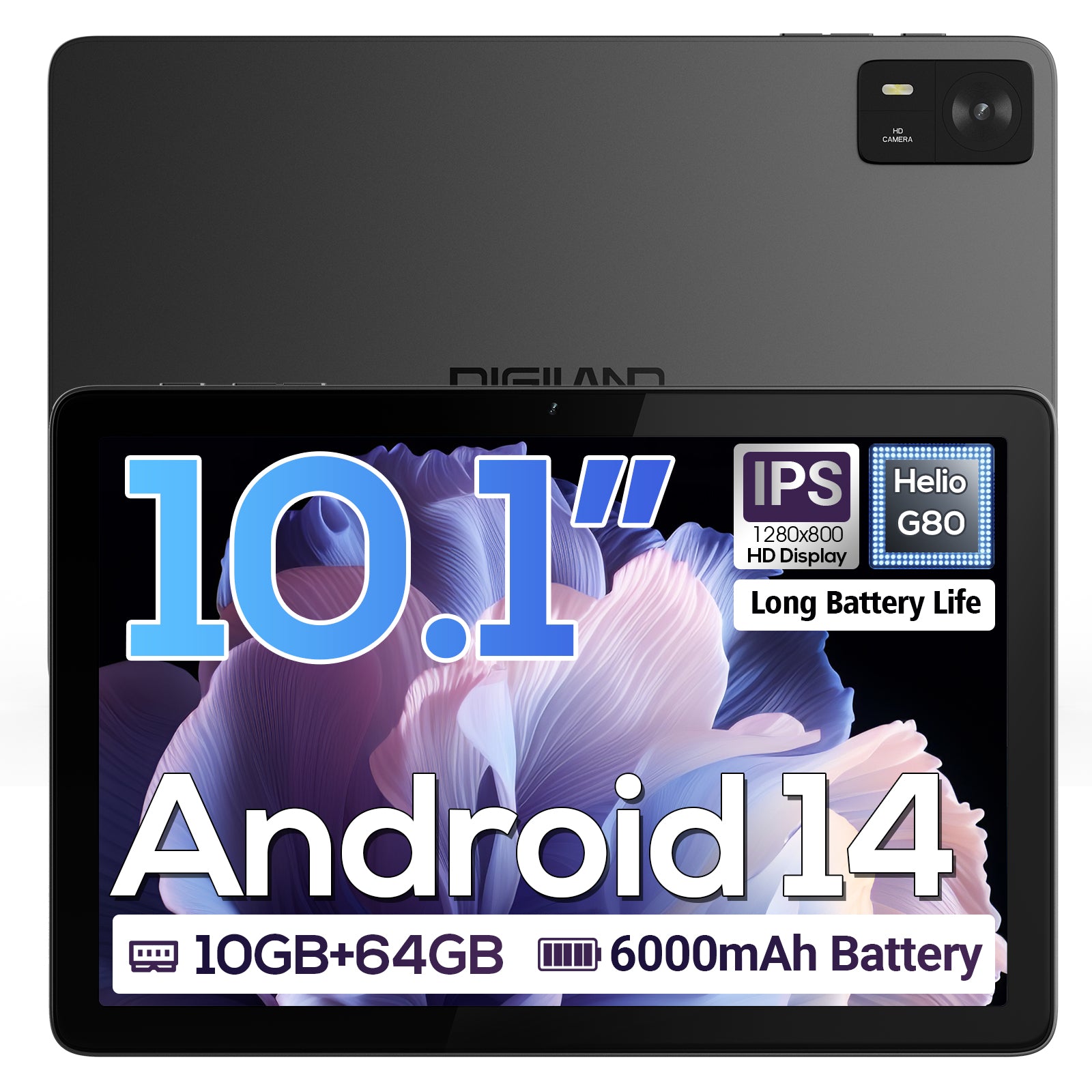 Tableta DigiLand de 10.1" con Android 14 | 10 GB de RAM (4 GB + 6 GB de expansión)