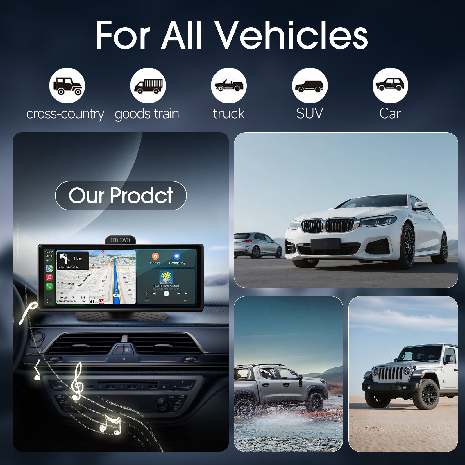 Radio portátil Huadio PND1001-AD de 9,3" para todo tipo de vehículos